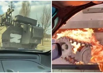 VIDEO e rëndë/ Duke lëvizur me makinë, vajza ukrainase godet me molotov tankun rus