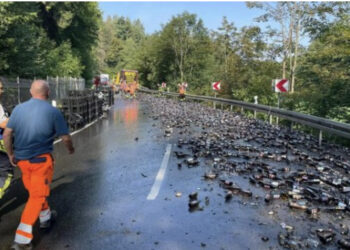 Ngarkesa rrëshqiti nga kamioni, rruga në Gjermani mbulohet me birra