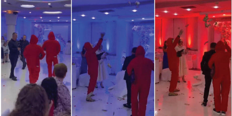 VIDEO/ “La Casa de Papel” dhe sheikët arabë “zbarkojnë” në dasmën laçiane, leku “derdhet lumë”