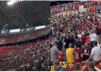 VIDEO/ Spektakël në “Puskas Arena”, tifozët e Romës fillojnë të “elektrizojnë” ajrin e Budapestit