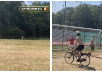 VIDEO/ Në Belgjikë sulmuesi shënoi gol teksa drejtonte një biçikletë