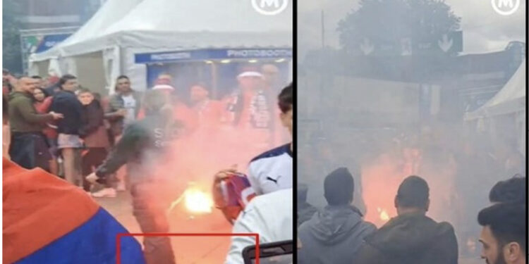 PAMJE TË TURPSHME/ Serbët zvarrisin me këmbë flamurin shqiptar dhe i vënë zjarrin