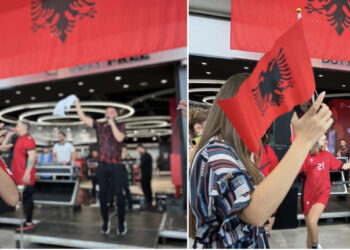 FOTO/ Aeroporti i Tiranës përcjell me festë tifozët kuq e zi