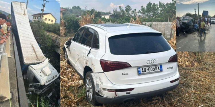 Përplasje e rëndë në Elbasan-Peqin/Dy makina dhe një trajler të përfshirë në aksident