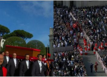 FOTOLAJM/ Arkëmorti i Papa Françeskut niset drejt sheshit të Bazilikës së Shën Pjetrit, mijëra besimtarë të pranishëm për homazhe