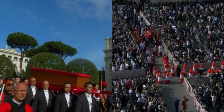 FOTOLAJM/ Arkëmorti i Papa Françeskut niset drejt sheshit të Bazilikës së Shën Pjetrit, mijëra besimtarë të pranishëm për homazhe