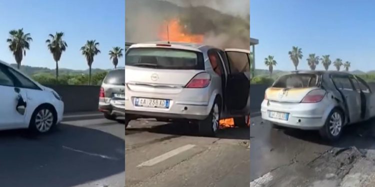 VIDEO/ Aksident në autostradën Tiranë-Durrës, një automjet shkrumbohet nga flakët