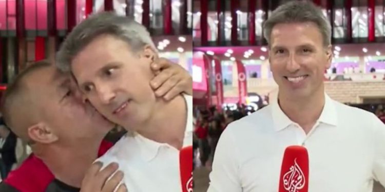 Tifozi shqiptar puth gazetarin serb gjatë transmetimit live, Milan Boskoviç ndan pamje nga momenti viral: E vetmja gjë që mungoi ishin golat!