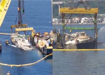 FOTO/ Superjahti Bayesian i fundosur nxirret nga shtrati i detit pranë Siçilisë, vijojnë hetimet për zbardhjen e shkakut të tragjedisë