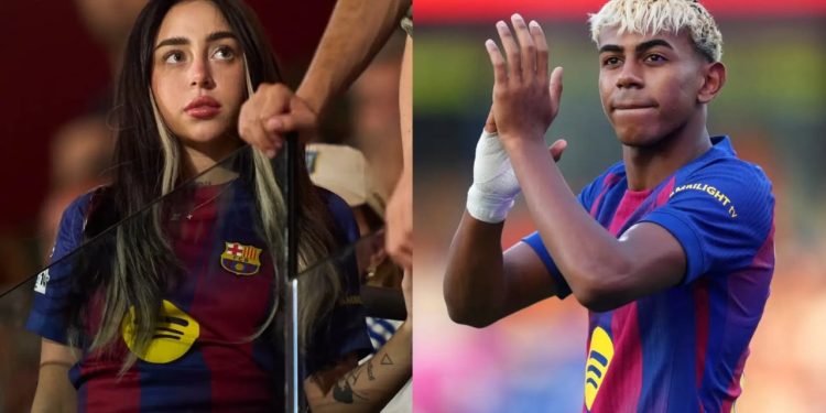 Foto: Një histori tjetër dashurie për Yamal? Këngëtarja 6 vite më e madhe shfaqet me fanellën e Barcelonës në stadium.