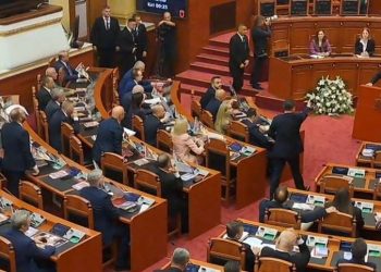 Bllokimi i fjalës në Kuvend: Gazment Bardhi stonon mikrofonin e Taulant Ballës.