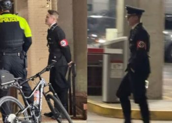 Video/ I dressed in a Nazi costume for Halloween, a young man hits a woman in the face with a glass after she tried to remove a tape from his arm.