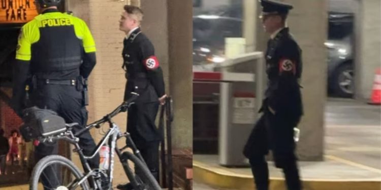 Video/ I dressed in a Nazi costume for Halloween, a young man hits a woman in the face with a glass after she tried to remove a tape from his arm.