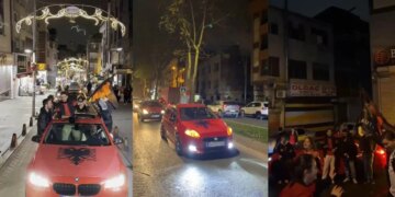 VIDEO/ Shqiptarët në Turqi festojnë 28 Nëntorin në qendër të Stambollit me flamuj dhe këngë patriotike