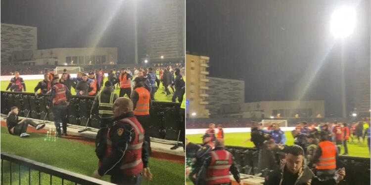 Pamje të reja nga ngjarja e Vlorës, momenti kur forcat e policisë ndërhyjnë për të parandaluar futjen e tifozëve në fushë.