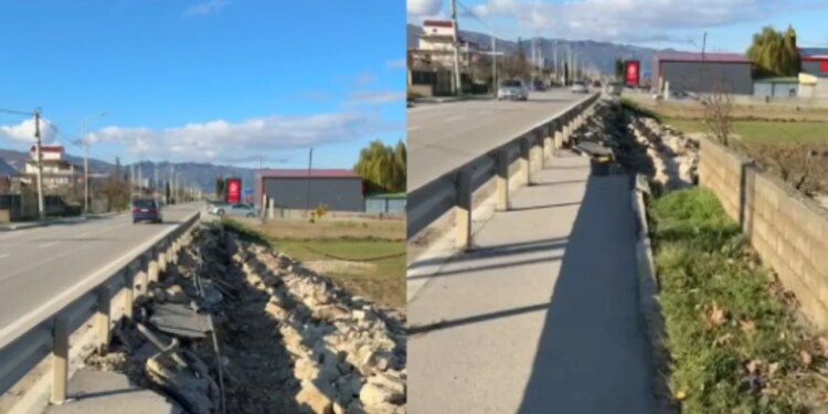 Pjesë e trotuarit në aksin Pogradec-Qafë Plloçë shembet, duke shkaktuar dëme në rrjetet nëntokësore dhe duke rrezikuar sigurinë e këmbësorëve.