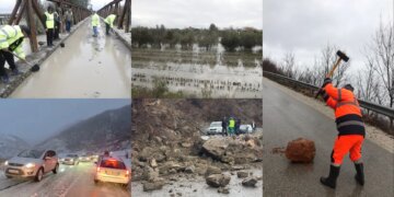 LIVE/ Përmbytje të shkaktuara nga reshjet dhe bllokime për shkak të borës, situatë e vështirë në disa qarqe. Lumi Vjosa del përsëri nga shtrati.