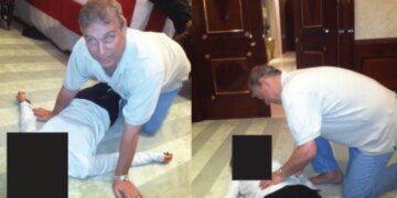 Ndahen imazhe të reja të Dukës Andrew, duke u parë mbi një grua të shtrirë në dysheme.