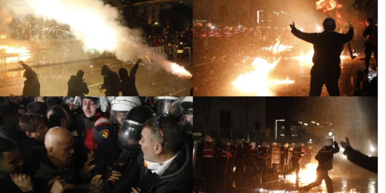 Katër orë protestë para Kryeministrisë dhe Kuvendit/ Dhjetëra molotovë hidhen, policia reagon me gaz lotsjellës, 16 efektivë rezultojnë të plagosur, deputeti i PD dërgohet në spital.