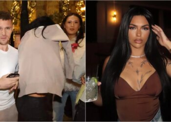 Ylli i Premier League, i zbuluar në shoqëri me modelen e një portali për të rritur, e mbulon veten me xhupin e hedhur krahëve për t'u mbajtur ngrohtë.