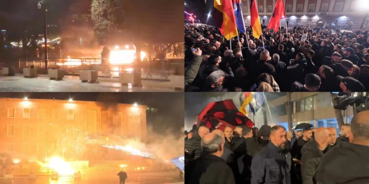 LIVE/ Protestuesit lëshojnë Molotovë dhe fishekzjarrë drejt Kryeministrisë, ndjekin drejt Bashkisë së Tiranës, policia apelon për ndalimin e sulmeve.