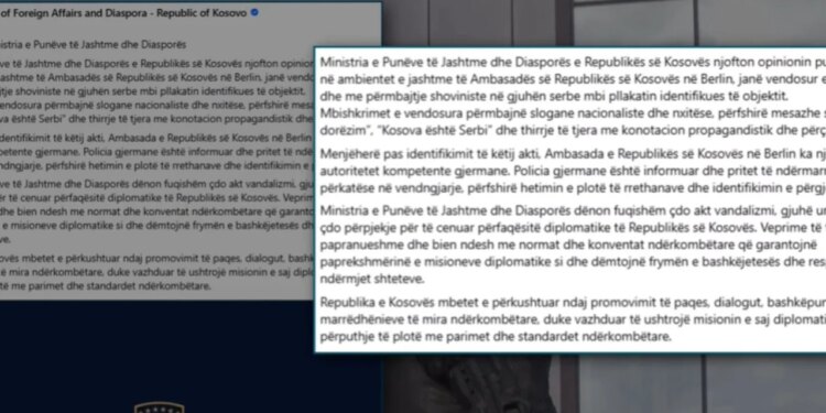 Ngjarje në ambasadën e Kosovës në Berlin, etiketa ofenduese në gjuhën serbe, Ministria e Jashtme reagon.