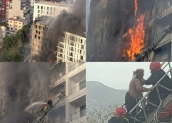 Fotolajm/ Zjarrfikësit luftojnë me flakët për dy orë, pasojat nga zjarri në pallatin pranë QSUT.