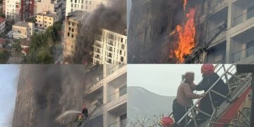 Fotolajm/ Zjarrfikësit luftojnë me flakët për dy orë, pasojat nga zjarri në pallatin pranë QSUT.