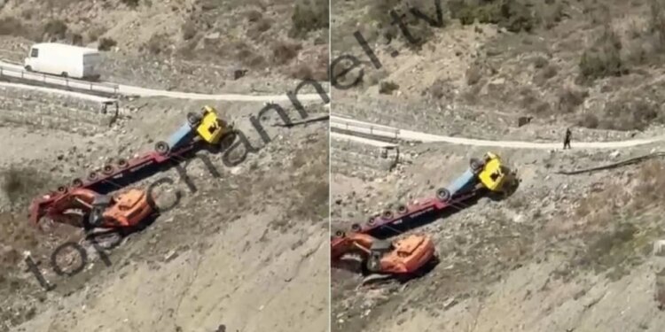 Mjeti i tonazhit të rëndë, që po transportonte një ekskavator, përmbyset në Moglicë të Korçës.