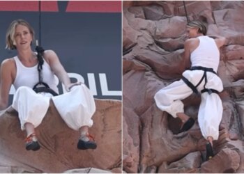 Video/ Charlize Theron ngjitet në një ndërtesë në Times Square për promovimin e filmit të ri Apex