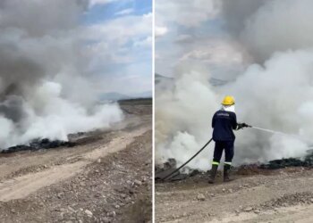Zjarr i madh buzë lumit Shkumbin pas djegies së gomave, tymi mbulon zonën