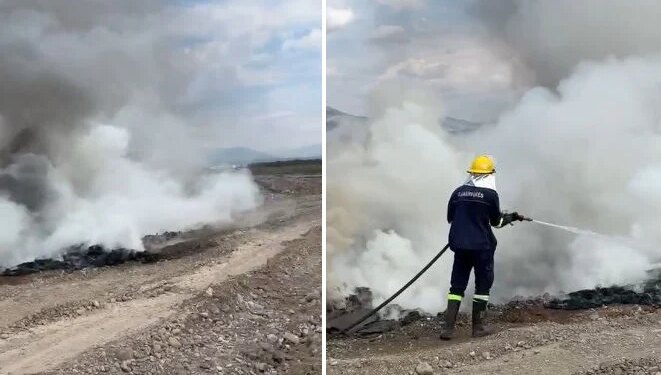 Zjarr i madh buzë lumit Shkumbin pas djegies së gomave, tymi mbulon zonën