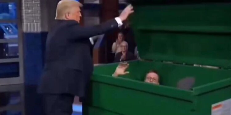 Trump sulmon sërish Colbert pas mbylljes së The Late Show, shpërndan video IA duke e hedhur në kosh-plehrash