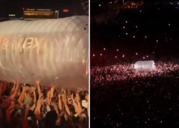 Video/ Momenti viral i Katy Perry-t mbetet e bllokuar brenda një shishe gjigante gjatë koncertit