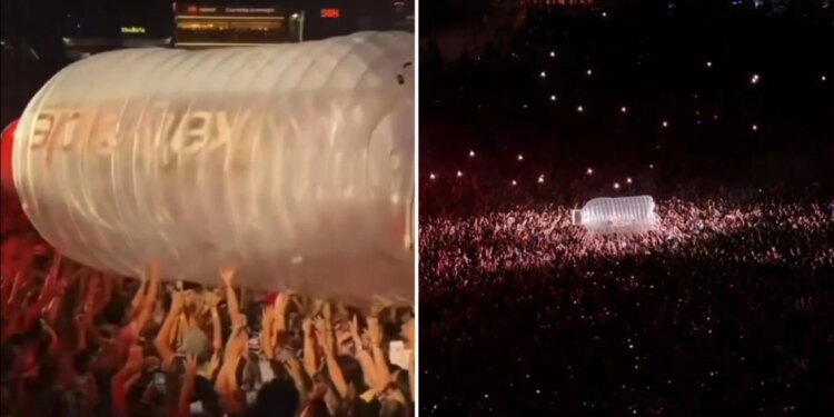Video/ Momenti viral i Katy Perry-t mbetet e bllokuar brenda një shishe gjigante gjatë koncertit