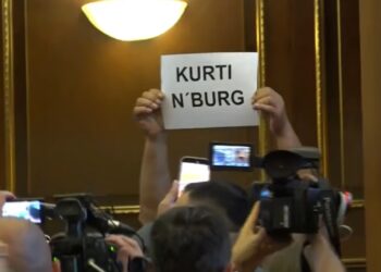 Kurti n’burg — Protesta në Kuvend, pankarta e emigrantit njësoj si në tubimet e Tiranës