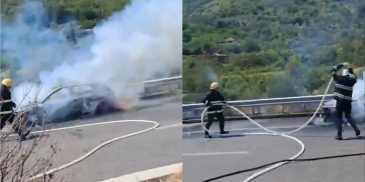 Mjeti përfshihet nga flakët në rrugën Tiranë-Elbasan, udhëtarët shpëtojnë pa lëndime
