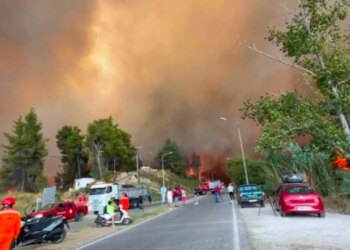 Zjarr i madh në Halkidiki të Greqisë, autoritetet evakuojnë banorët dhe mijëra pushues; era e fortë përkeqëson situatën