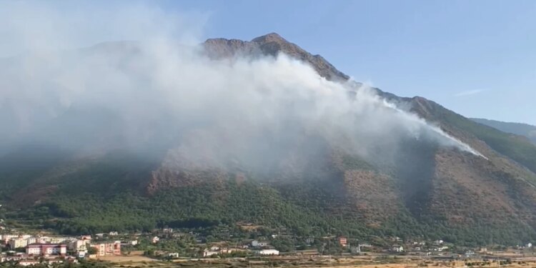 Zjarr pranë banesave në fshatin Vajkal të Bulqizës; tymi i dendur mbulon zonën, kërkohet ndërhyrje e menjëhershme