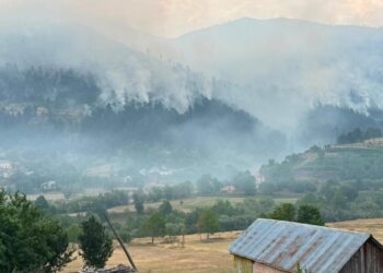 Zjarret në qarkun e Dibrës nuk ndalen, flakët afrohen banesave; 100 forca në terren, ndërhyhet edhe nga ajri