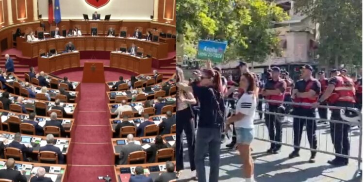 LIVE/ Nis Kuvendi, protestues pranë godinës; policia vendos gardh metalik; deputetët për Hagën dhe pagat