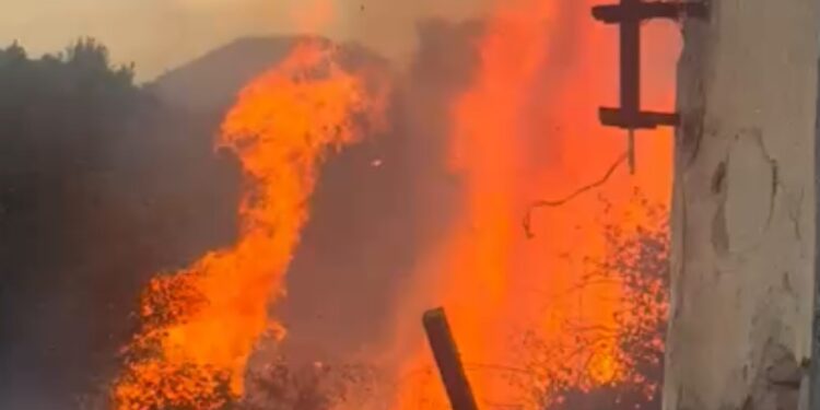Zjarr i madh në hyrje të fshatit Andon Poçi, rrezikohen banesat dhe një fabrikë uji