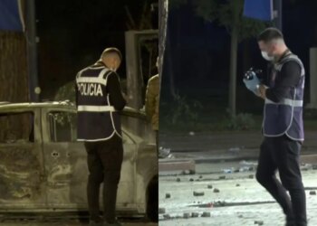 FOTO/ Oficerët e Policisë Gjyqësore dokumentojnë provat nga pasojat e protestës së dhunshme në bulevard