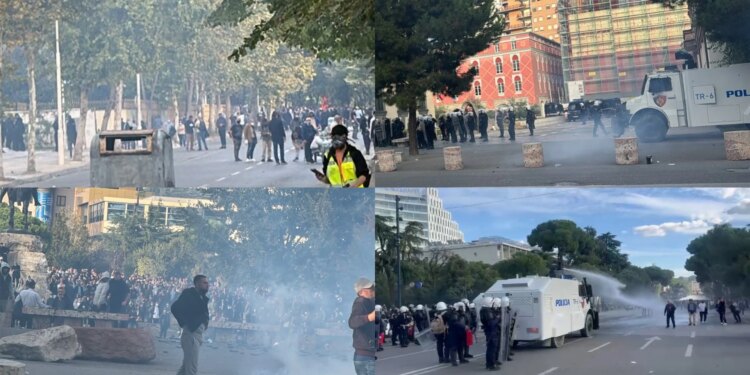 LIVE/ Protestuesit zhvendosen në Sheshin Skënderbej, hedhin gurë e molotovë; efektivët përgjigjen me ujë, gaz lotsjellës, plumba gome