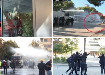 Përshkallëzohet revolta në Tiranë; sulmohet PS; përplasje polici-protestues; gurë-e-molotovë; efektivët me ujë-e-gaz; Rama: Po sfidohet Shqipëria në BE