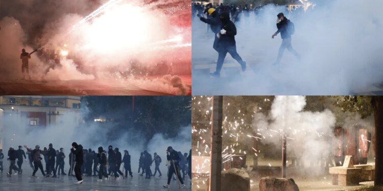 Protestë e dhunshme: zjarr te ministritë, breshëri fishekzjarresh ndaj PS dhe Bankës; policia me gaz, ujë, plumba gome