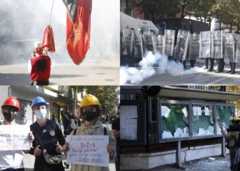 Sulmohet Ministria e Brendshme, Tirana, me molotovë e gurë; policia përgjigjet me gaz, ujë, plumba-gome; RENEA te Kryeministria