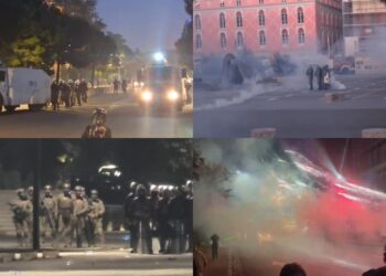 Sulmohet Ministria e Brendshme; protestues hidhnë molotovë e gurë, policia me gaz, ujë e plumba-gome; RENEA te Kryeministria