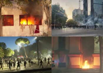 Tiranë: Komisariati nr.3, Ministria e Brendshme në zjarr; Sheshi Skënderbej arenë lufte; protestues hedhin molotov; efektivët me plumba-gome/ujë/gaz