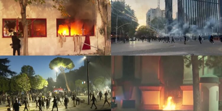 Tiranë: Komisariati nr.3, Ministria e Brendshme në zjarr; Sheshi Skënderbej arenë lufte; protestues hedhin molotov; efektivët me plumba-gome/ujë/gaz